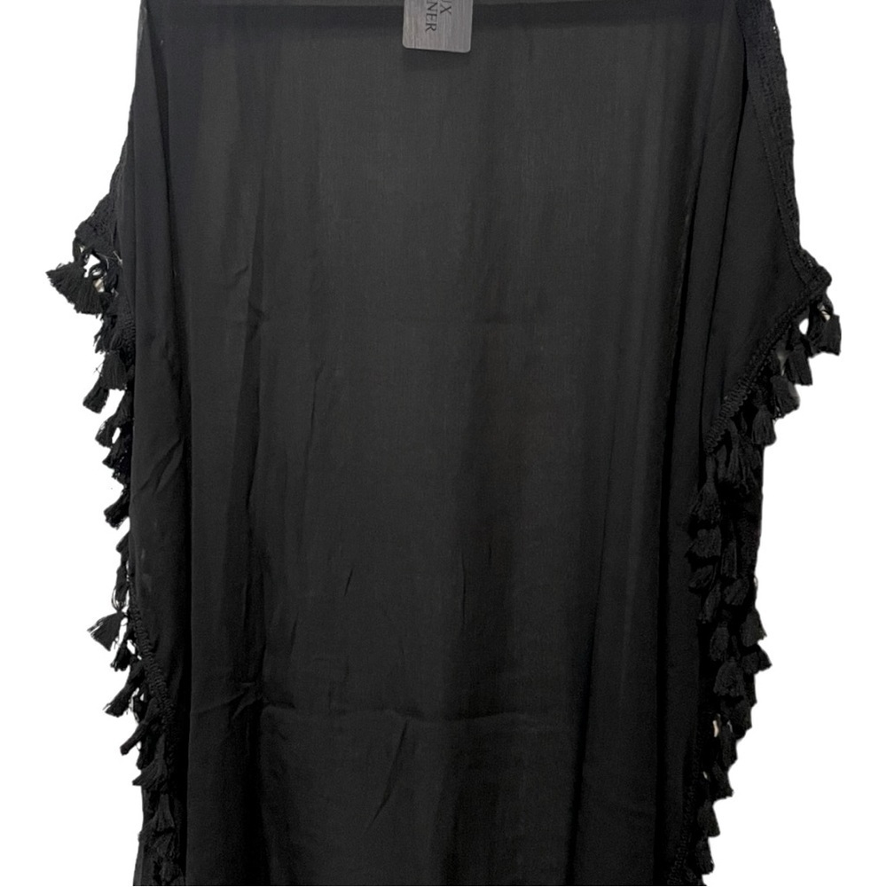 Bijoux Terner Black Swim Cover Poncho With Tassels One Size Fits All - Picture 6 of 7